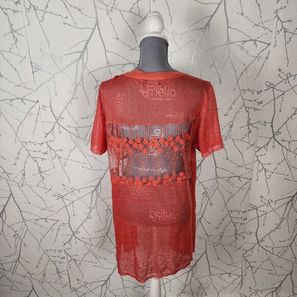 Red Coral Orange 100% Linen Floral Mesh Panel Open Cardigan - Picture 4 of 7